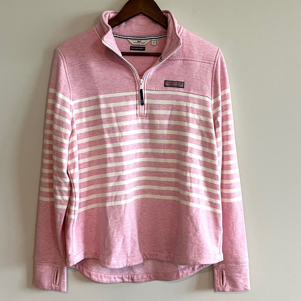 Vineyard Vines Womens Pink Striped Shep Shirt Quarter Zip Pullover Size M